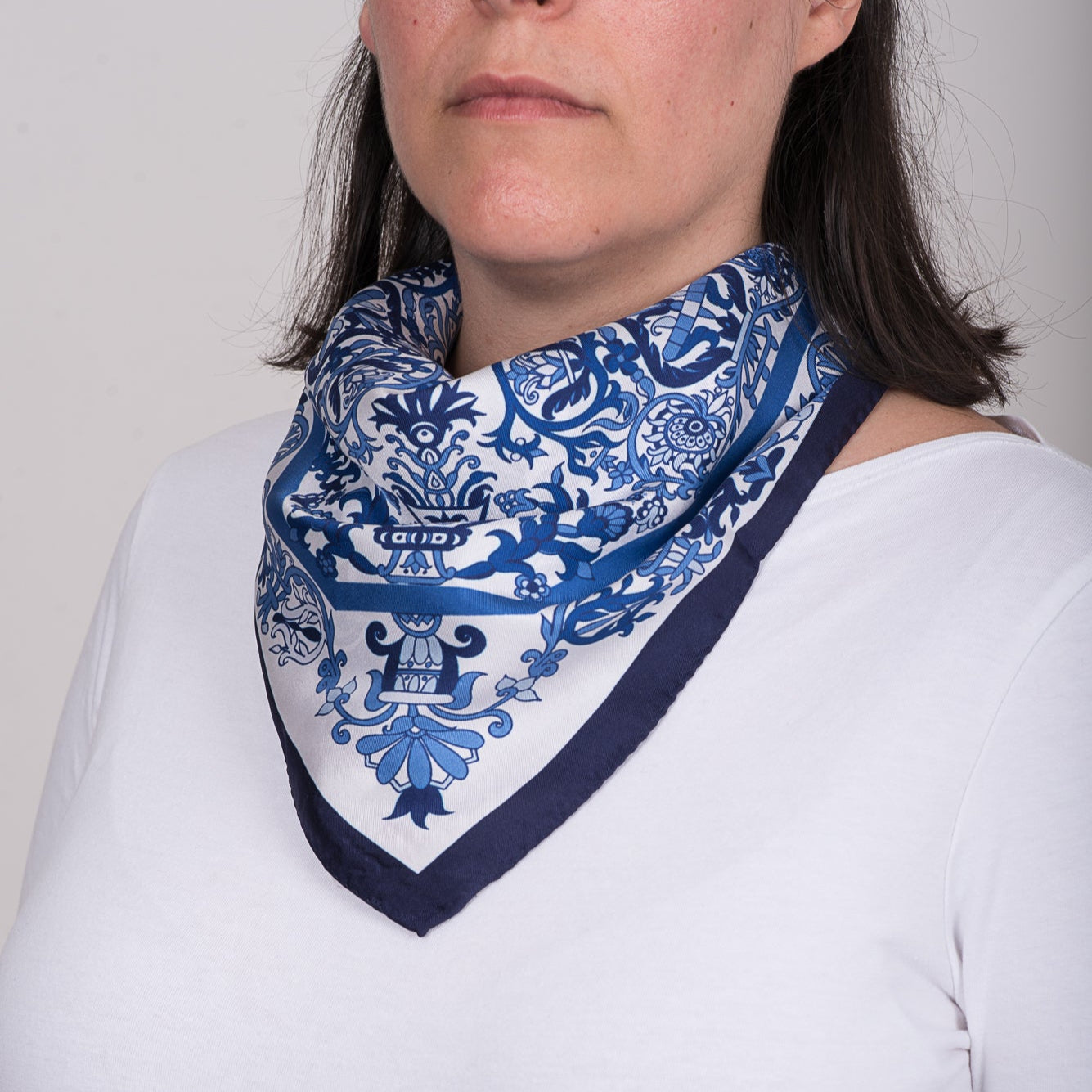Ariadne Kritonos' Blue Cretan Mermaid scarf worn by model as neckerchief